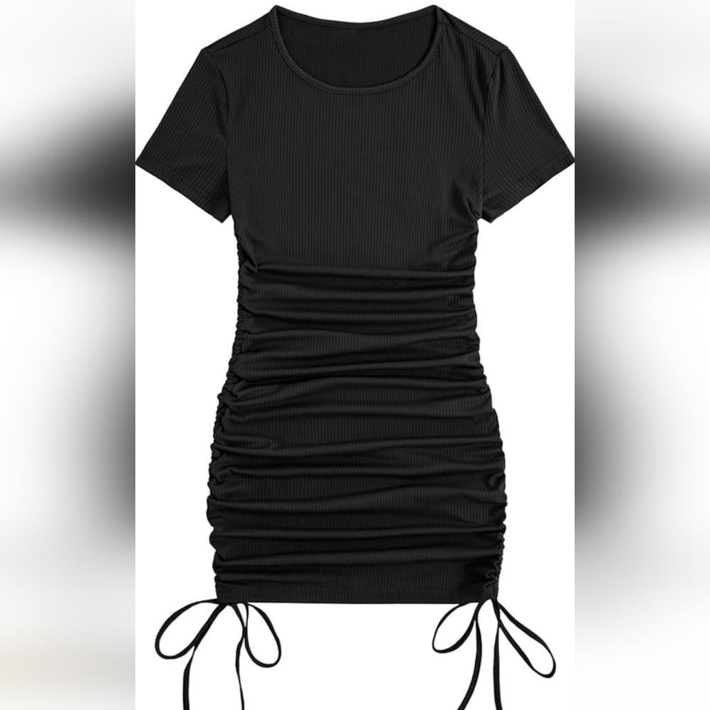 Black Ruched Mini Dress - Small - Ribbed Short Sleeve - Adjustable Side Ties